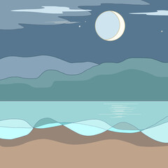 Night landscape. Beach by the sea with mountains and full moon. Vector illustration.