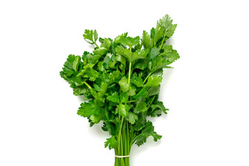 Bunch of celery leaves and stems isolated on white background Top view Flat lay Diet, healthy eating, weight loss concept - 418721065