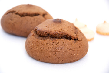 Round oatmeal cookies close-up. Cookies close-up on a white background. Sweet pastries.
