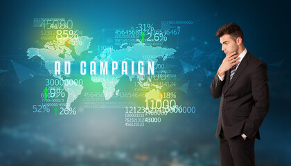 Businessman in front of a decision with AD CAMPAIGN inscription, business concept
