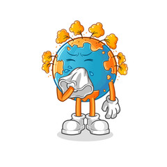 autumn earth blowing nose character. cartoon mascot vector