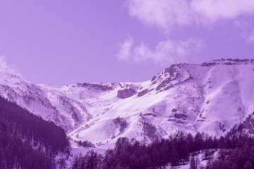Winter landscape of mountains and sunny day with special magenta color filter. French alpines.
