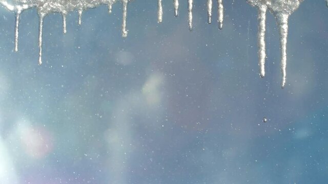 Beautiful dripping icicles on a warm bright sunny day. Melting icicles on a blue background. Spring is here. Warm air vibrates