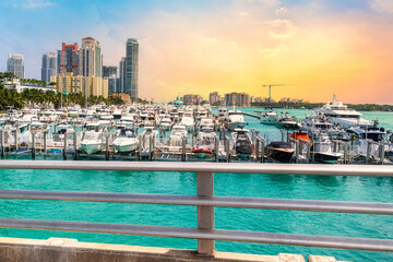 Miami Marina and skyline, point of view from a tourist bus, Florida, USA