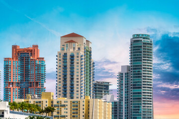 Fototapeta na wymiar Miami City Skyline in the Dusk Hours, Florida, USA