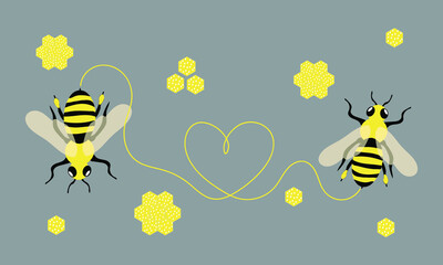 Cute postcard with bees and honeycombs for the holiday World Bee Day. The trendy colors of 2021 are yellow and gray. For printing on business cards, clothes, kitchen textiles. Vector graphics.