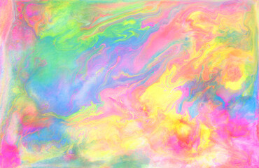 Hand made abstract artwork. Texture in rainbow colors. Acrylic painting with bright pink, blue, green and yellow colors. Colorful abstract background with marble texture.