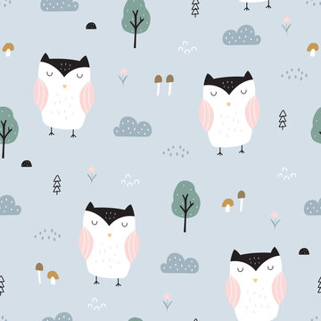 Seamless pattern Cartoon animal background with owls and trees Hand drawn design in kid style, use for textiles, fashion, prints, wallpapers. Vector illustration