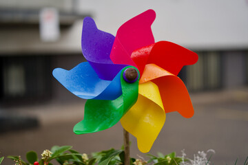 Colorful windmill in front of school, Zurich, Switzerland.