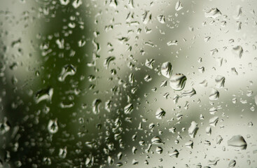 beautiful raindrop on the window with blurry palm trees background. f