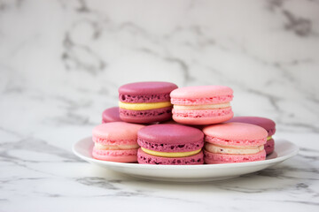 Homemade colorful macaroons on white isolate background. French dessert.