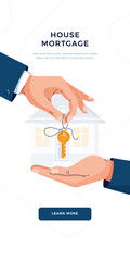 Mortgage concept. Male hands giving keys for property buying. Deal sale, mortgage loan, real estate, dealing house, property purchase concept for banner, web, emailing. Flat design vector illustration