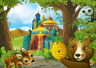 Cartoon nature scene near the forest with a path and animals - illustration