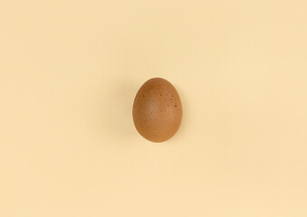 Brown egg on beige backdrop. Minimalist flat lay.
