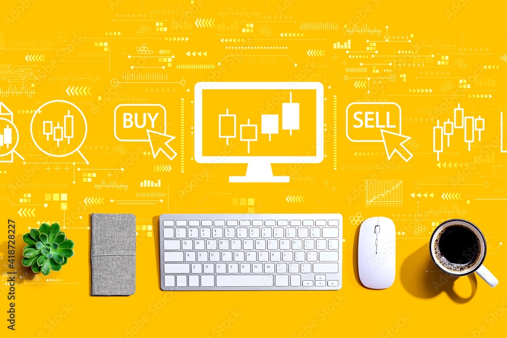Poster stock trading theme with a computer keyboard and a mouse