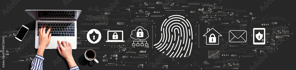 Poster fingerprint scanning theme with person using a laptop computer