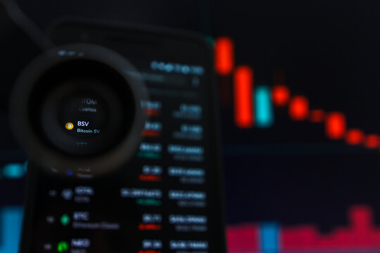 SAN FRANCISCO, US - 9 May 2019: A Graph of Decreasing Trend of BSV Bitcoin SV Cryptocurrency. The Illustration of Red Candles Bar Falling Down Trend, San Francisco, California, USA. 
