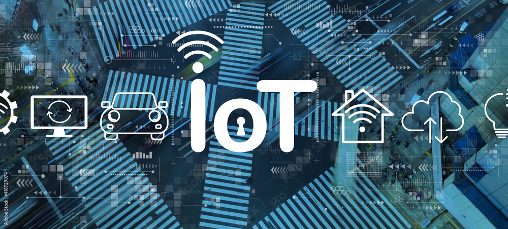 Poster iot theme with busy city traffic intersection