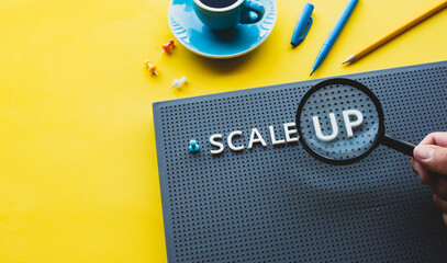 Scale up or startup business concepts with magnifying glass on text