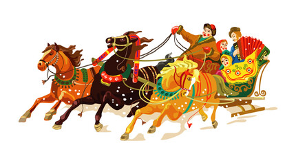 A Russian troika of horses, rushing forward and cheerful people in a sleigh.