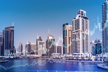 Skyscrapers of Dubai business downtown. International hub of trading and financial services of...