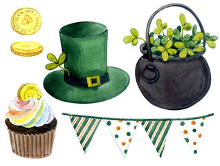 Watercolor elements. Clip art. St. Patrick's Day decor. Green hat, flags, cake, coin.