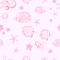 Delicate pink seamless pattern with fishes and octopuses.