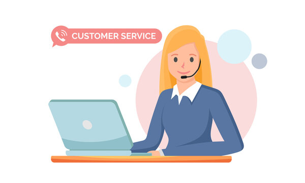 Flat vector illustration of a female customer service woman working in front of a laptop. Suitable for design element from emergency call service, online information center, hotline number response.