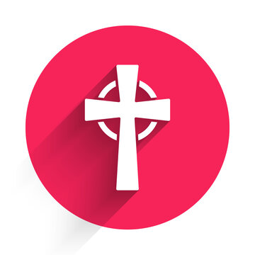 White Tombstone With Cross Icon Isolated With Long Shadow. Grave Icon. Red Circle Button. Vector.