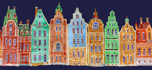 Fototapeta premium Architectural seamless border pattern on a dark blue background. Watercolor painted doodle Fairy tale houses panorama, old medieval European town street. Travel brochure, web site banner