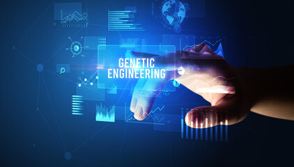 Hand touching GENETIC ENGINEERING inscription, new business technology concept