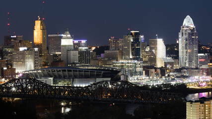 Cincinnati Skyline view from Devou Park with the Cincinnati banner