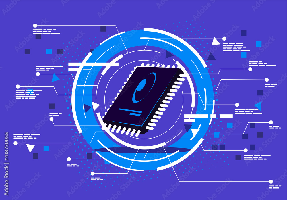 Poster vector illustration of a computer processor with a futuristic flat interface design