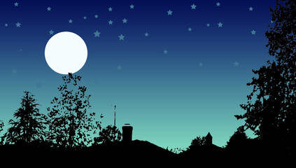 Beautiful night with moon and star. Moonlight light vector illustration.