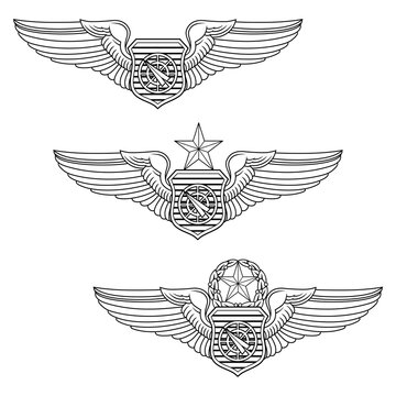 U.S. Air Force Weapons Controller Officer Badge Set is an illustration that includes the basic, senior and master Air Force Weapons Controller Officer Wings.