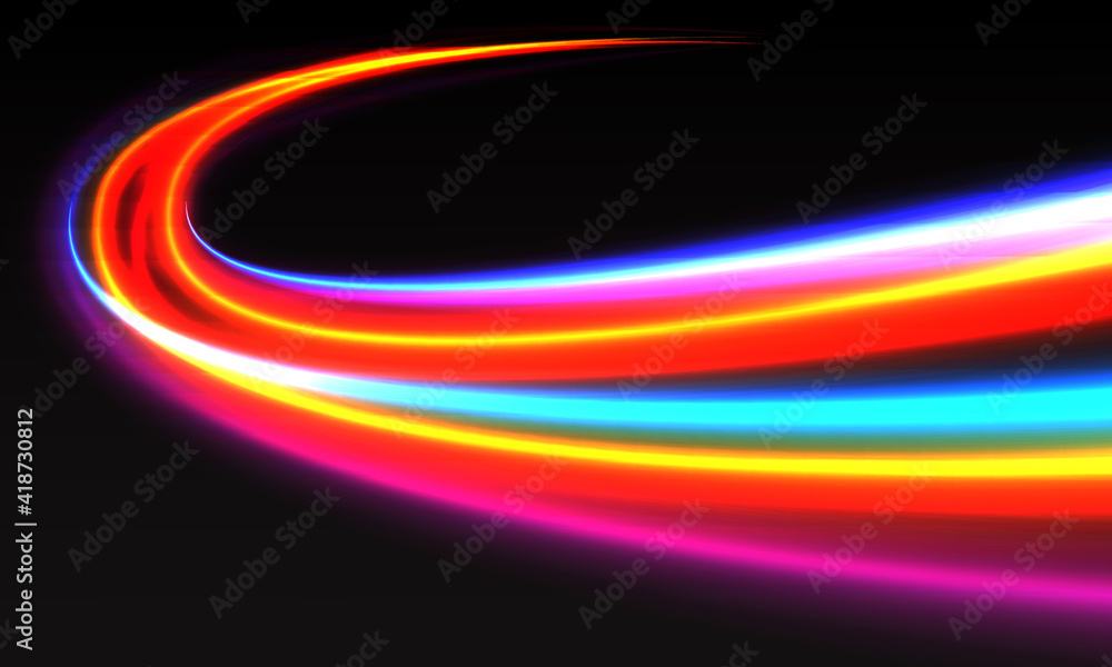 Poster abstract colorful high speed lights motion dynamic curve on black background vector illustration.