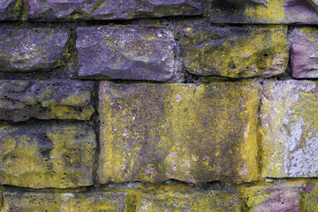 Old stone fence. Green lichen on the stone wall. 
