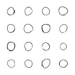 Vector illustration of circles set. 16 round shapes isolated on white background. Collection of hand drawn elements.