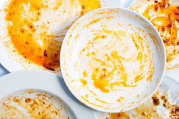 Dirty dishes on white background. Top view