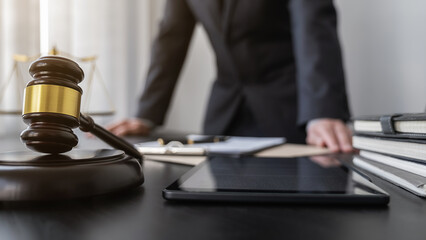 Professional lawyer considering with contract papers in courtroom. Justice, Law, Attorney and Court...