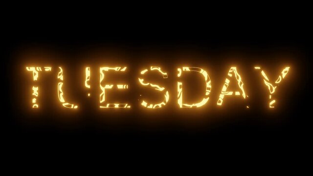 Tuesday glowing 3d sign. Abstract inscription on a black background.