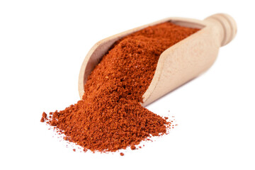 Tandoori Masala mix of spices in wooden scoop isolated on white background. Spices and food ingredients.