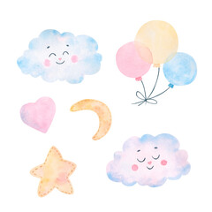 Watercolor clipart from elements of cute clouds, a bunch of three colorful balloons, a gray heart and a moon and a star made of fabric. Suitable for drawing up designs or as a supplement