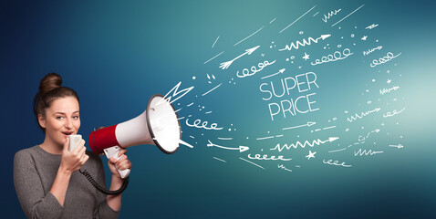 Young girl screaming to megaphone with SUPER PRICE inscription, shopping concept