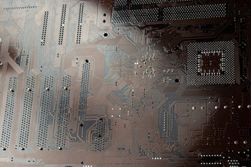 Electronic board, computer microcircuit top view, selective focus. The concept of microprocessors,...
