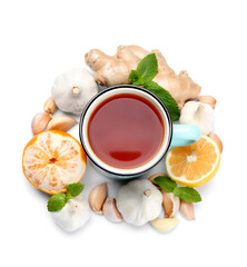 Cup of healthy garlic tea on white background