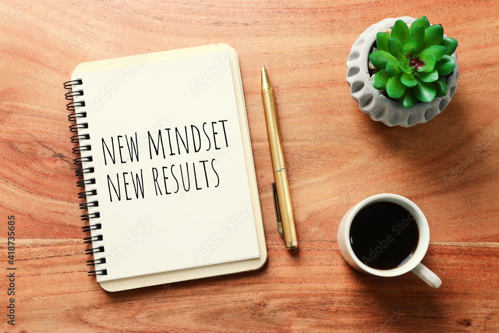 Poster concept image with new mindset new results text. top view of office table