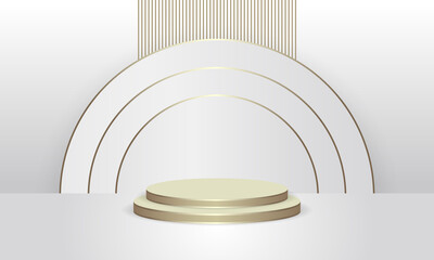 Abstract round display scene for product. Golden podium in white background with white and gold circles. Abstract luxury stage pedestal or platform. 3d vector illustration.