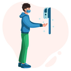 vector illustration, a man in a protective face mask, hand sanitizer treatment, coronavirus, safe travel
