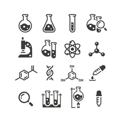 Chemistry and science black vector icon set. Test tubes, microscope, atom and molecule symbols.